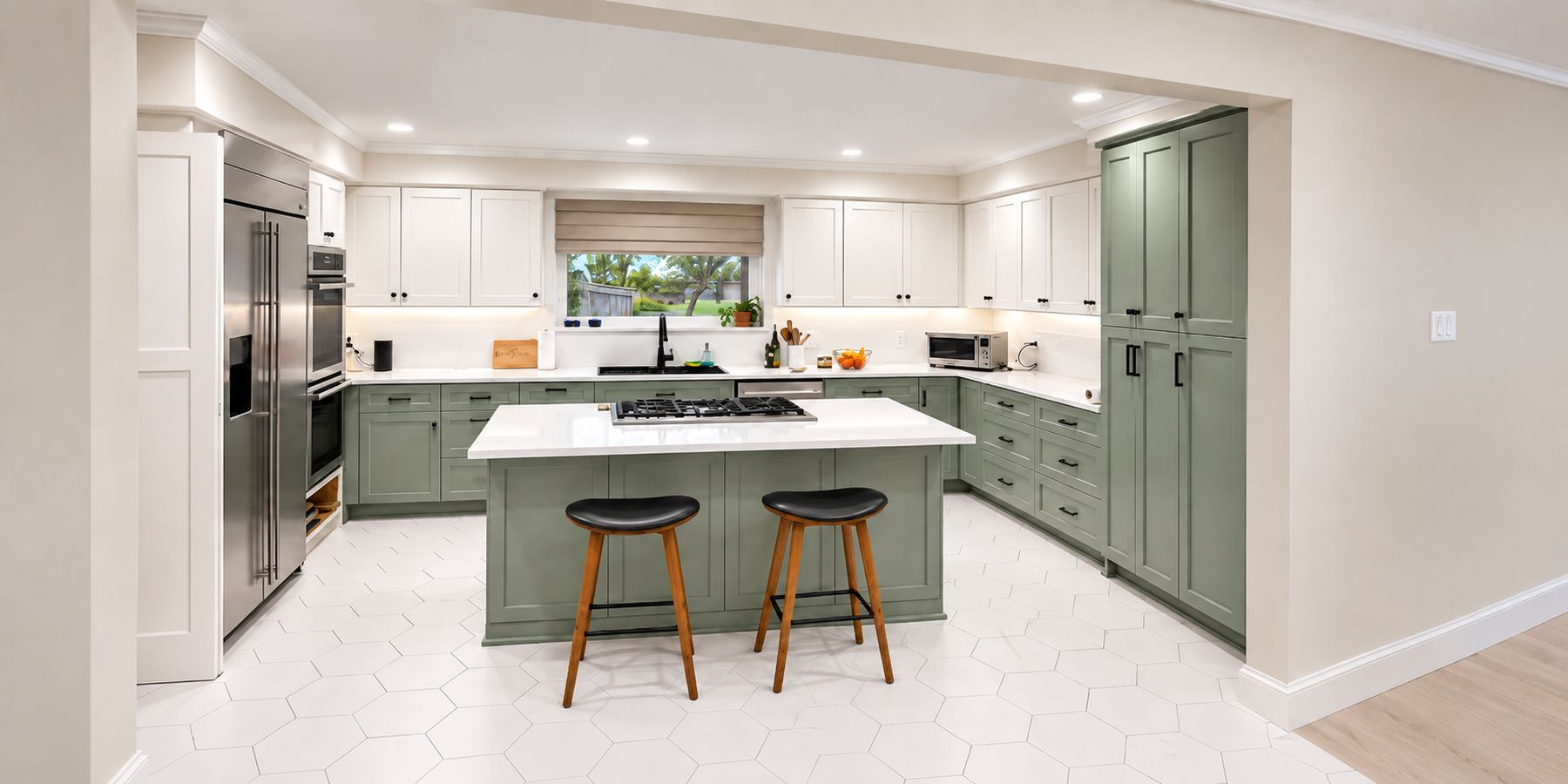 The same kitchen finished, from the same spot in the hallway: sage green cabinets and island, cream uppers, white quartz counters and hex tile floor
